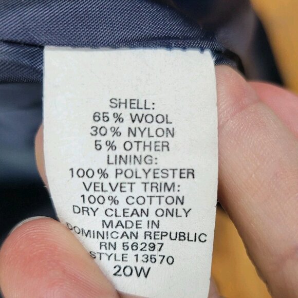 Vintage Wool Winter Long Coat Plus 20W Blue Velvet Trim Trench Double Breasted - Picture 7 of 7